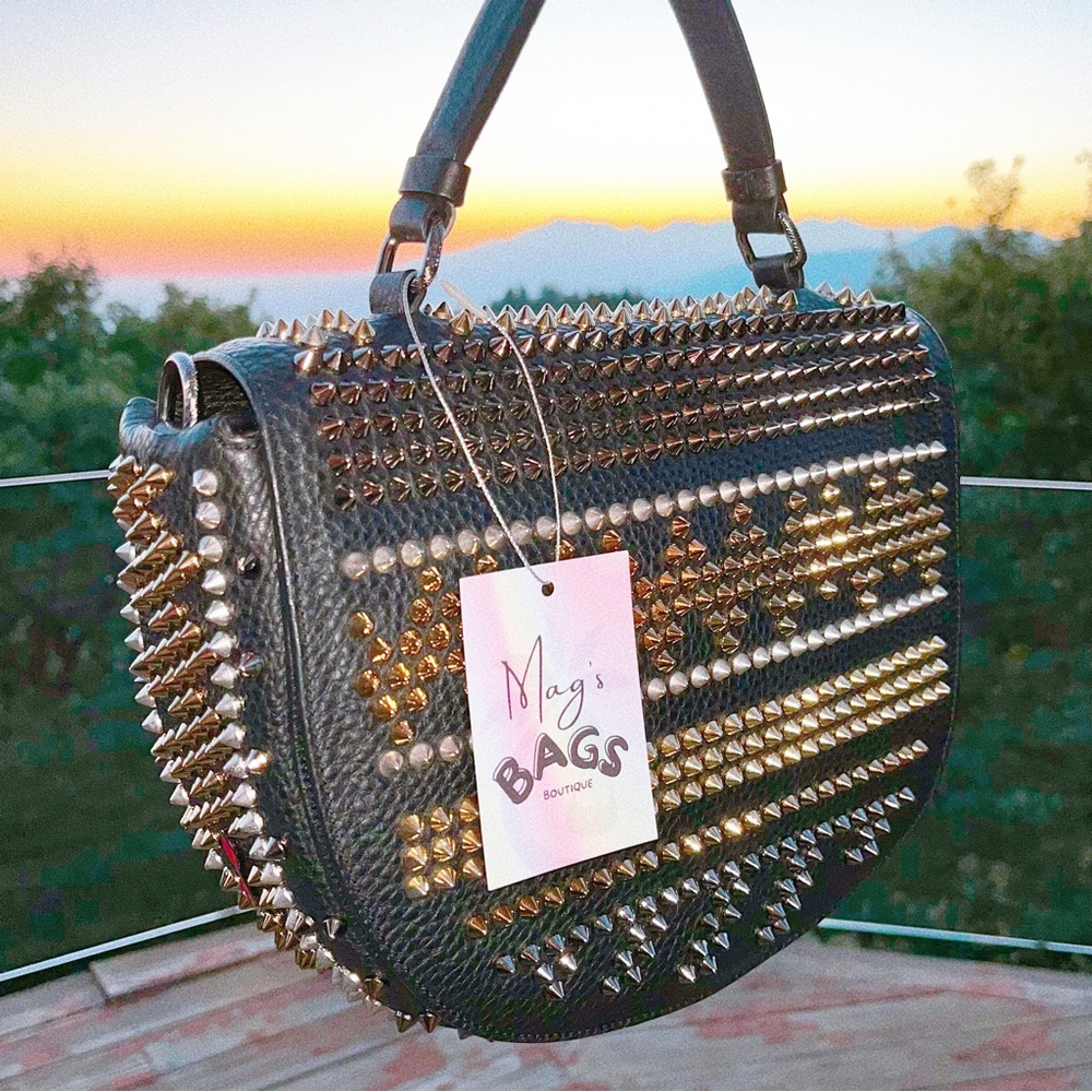 Louboutin: Panettone Spiked Chevron Messenger Bag (Black Multi)